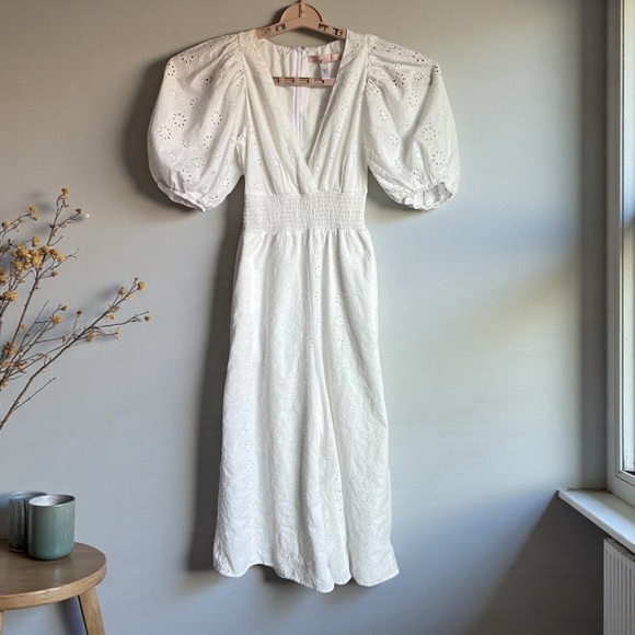 Anthropologie Pants - Anthropologie Hutch Cropped Jumpsuit Sz S Smocked Waist Eyelet White Wide Leg